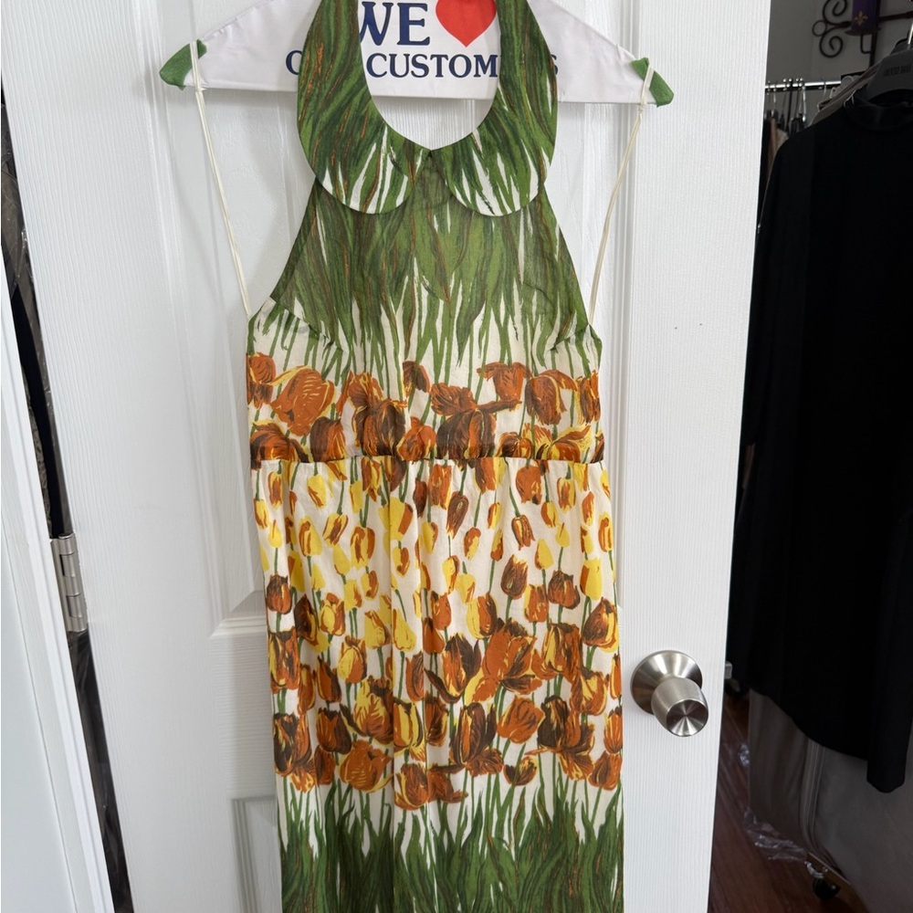 Anna Sui Yellow and Brown Floral Halter Dress